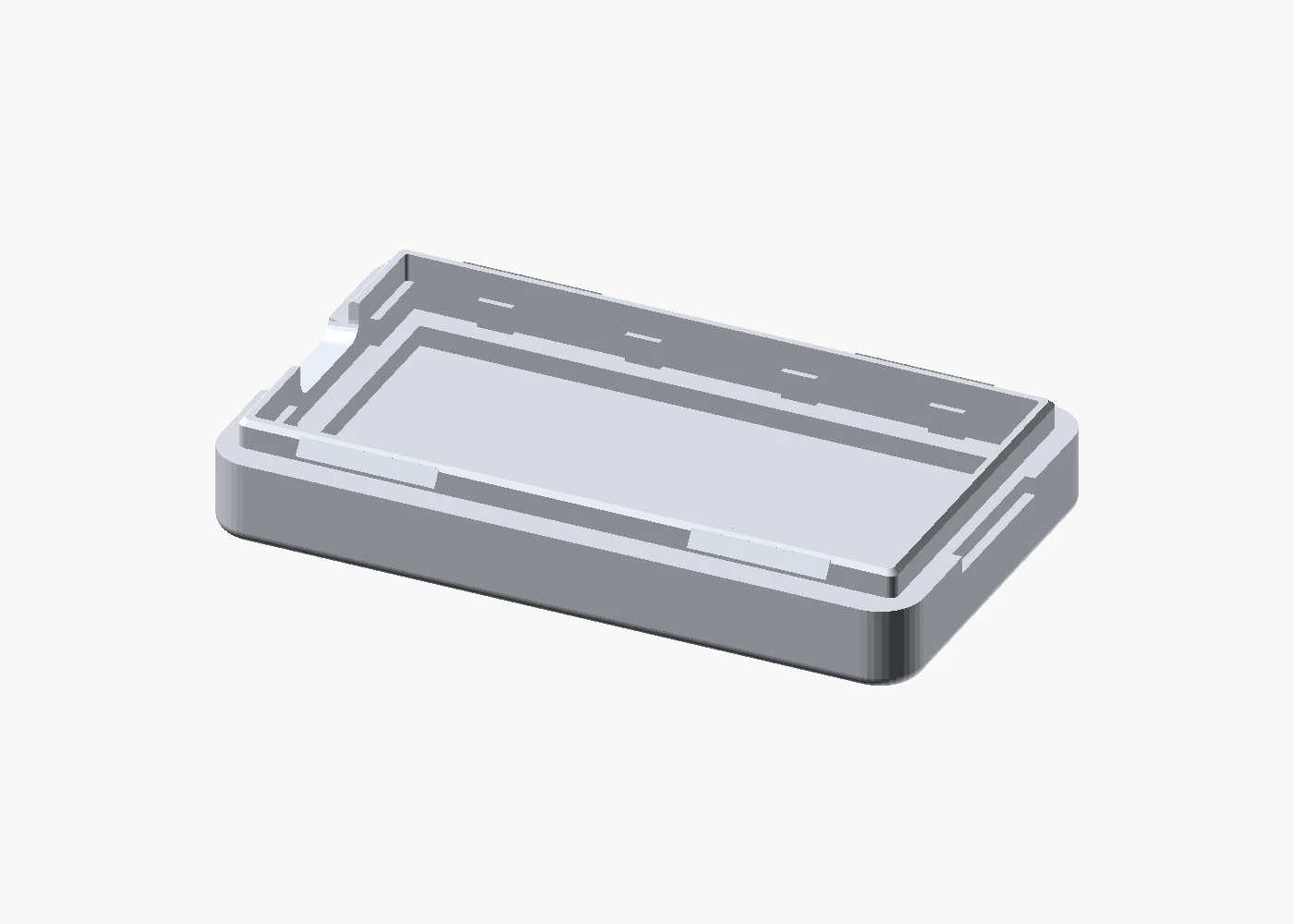 Neutral orthographic render of the enclosure's support ledges, locating ribs, and perimeter seam.