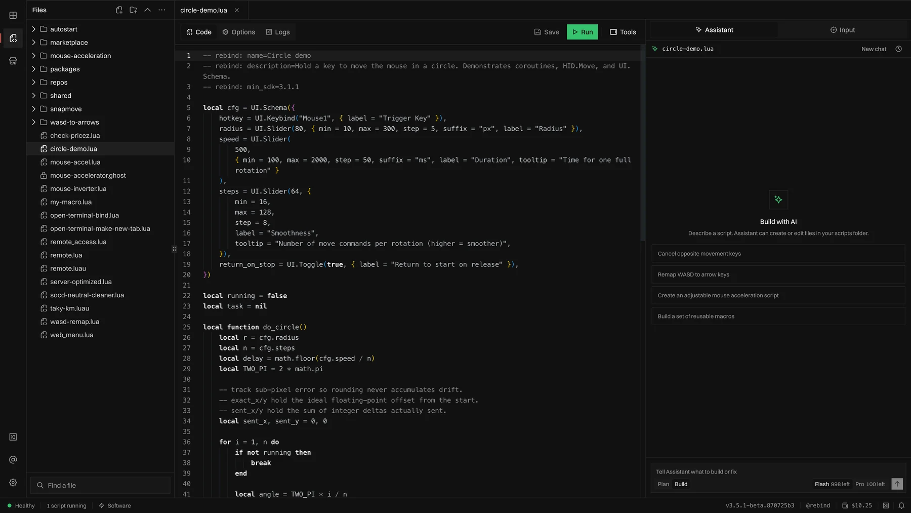 Rebind's Luau editor, file explorer, and RebindGPT assistant.