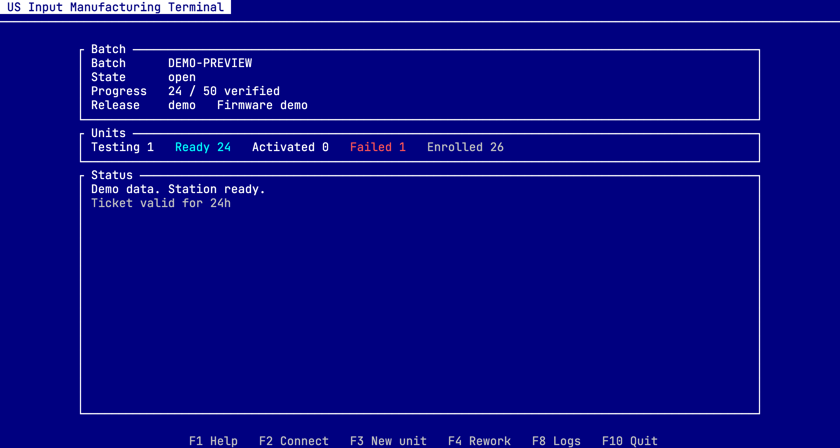 Manufacturing terminal dashboard showing demo batch progress, unit counts, and station status.