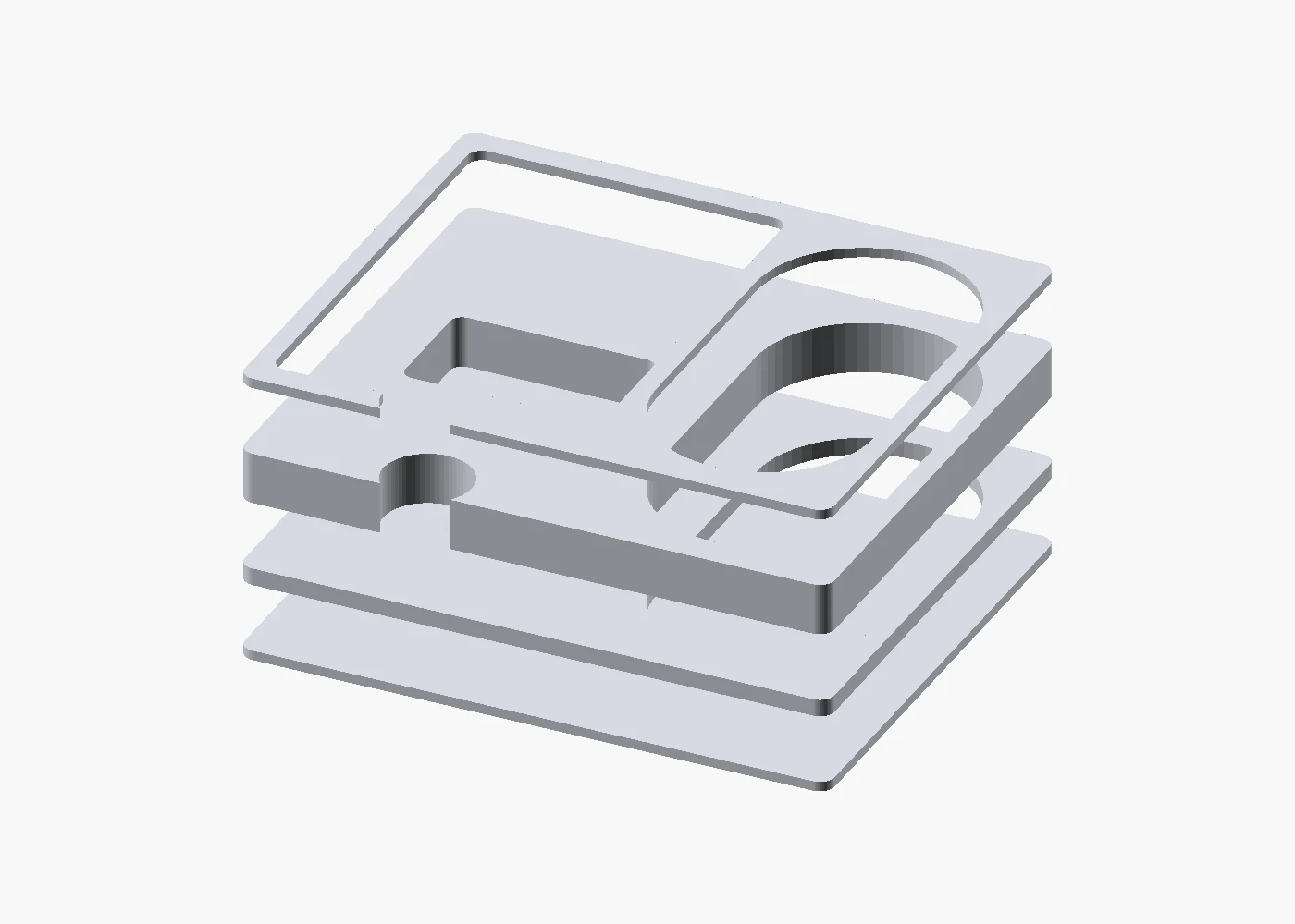 Exploded orthographic render of the four-layer packaging insert, showing card, device, and cable cutouts.